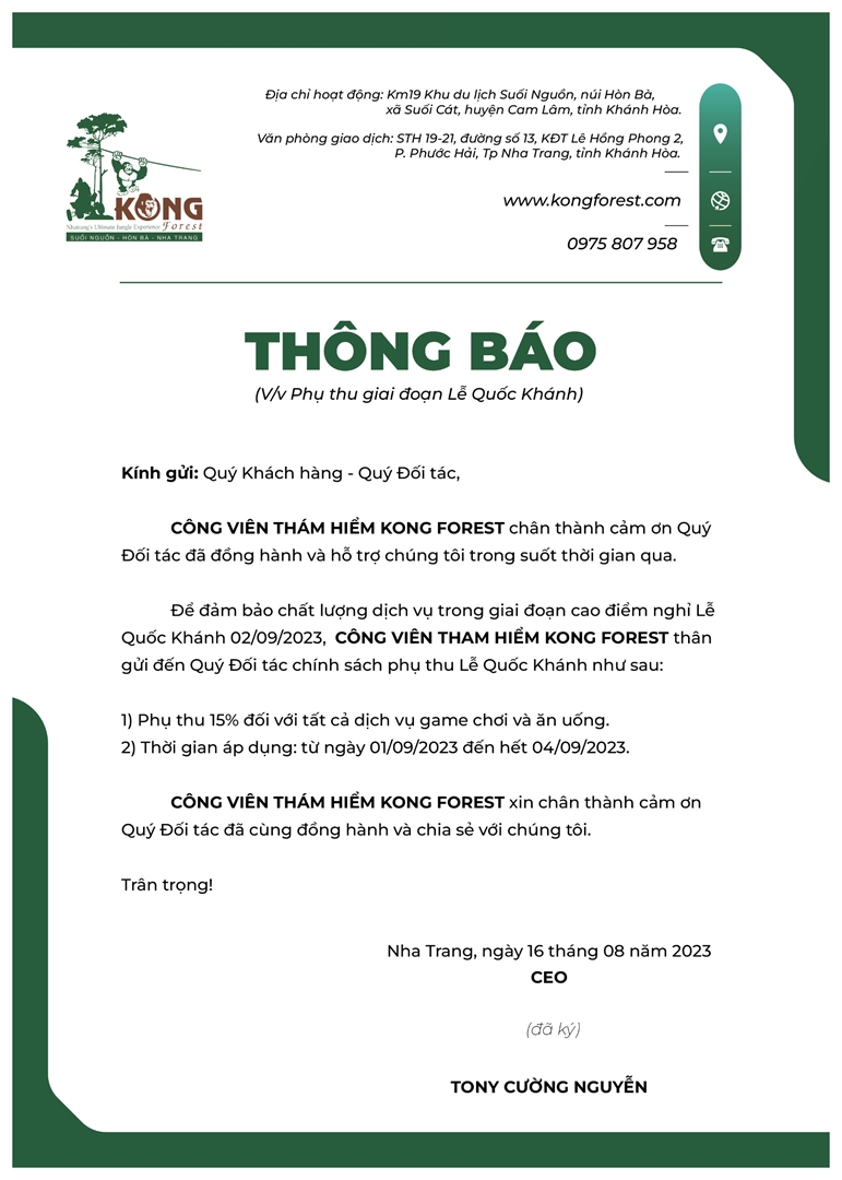 Chính sách phụ thu Lễ 1/9 2023 của Kong Forest